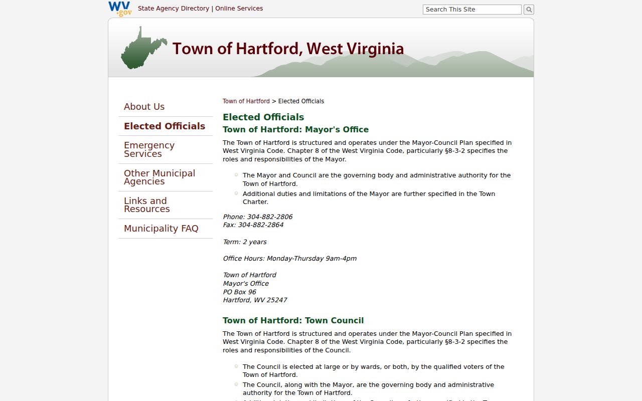 Official Hartford town office page showing municipal contact details